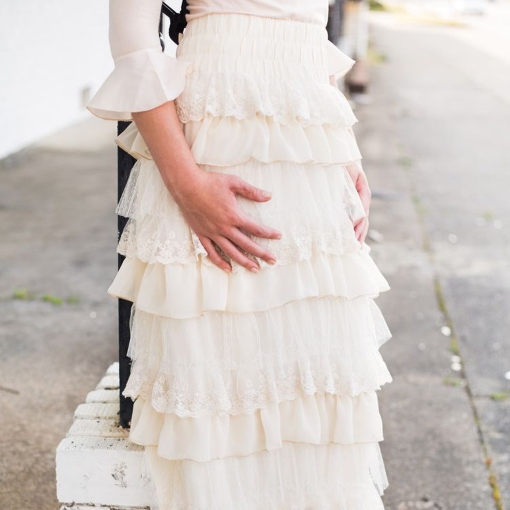 Dainty Jewels cream ruffle lace maxi skirt